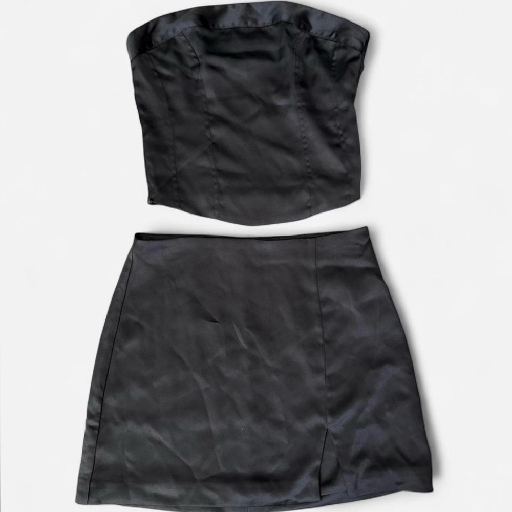 Wild Fable black satin mini skirt and crop top set
